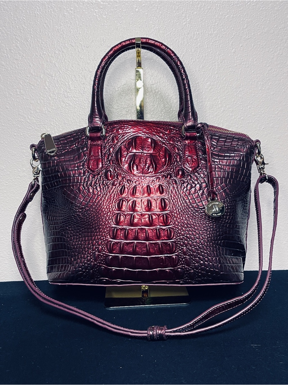 Brahmin Duxbury Croc-Embossed Patent Satchel in Cherry Lacquer